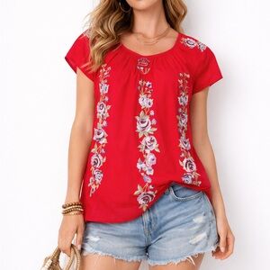 Johnny Was JWLA Boho Embroidered Floral Red Sleeveless Cap Sleeve Shirt XS
